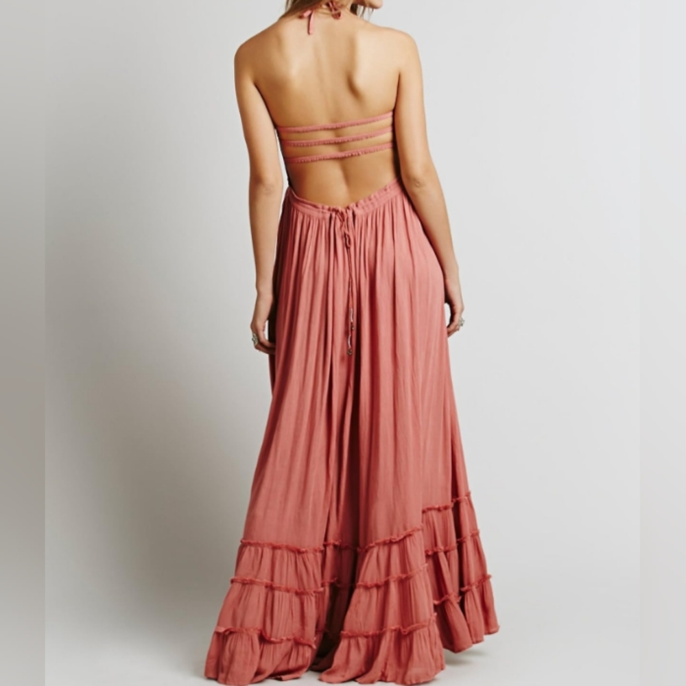 Pink Clay Maxi Halter Dress Long Tiered Full Flowy Gauze Bohemian Beach Vacation